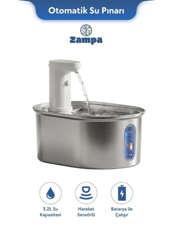 Zampa SPF-02TR Oval Paslanmaz Çelik Pet Otomatik Su Pınarı Bataryalı 3.2 Litre