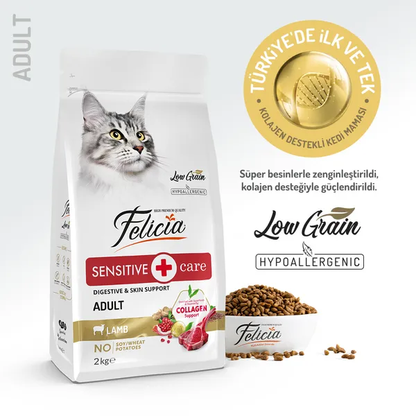 Felicia 2 Kg Kolajenli Kuzulu Az Tahıllı Yetişkin Kedi Maması HypoAllergenic Kedi Maması