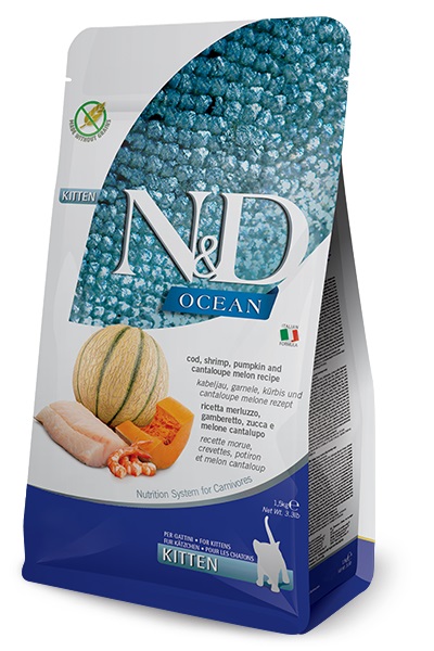 N&D Ocean Morina Balıklı Bal Kabaklı Karidesli ve Kavunlu Tahılsız Yavru Kedi Maması 1,5kg