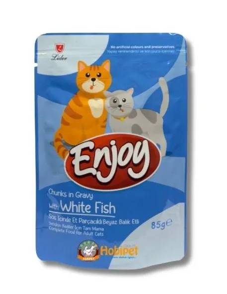 Enjoy 85 gr Sos İçinde Et Parçacıklı Beyaz Balıklı Yetişkin Kedi Pouch Maması