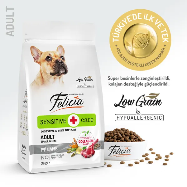 Felicia 3 Kg Kolajenli Kuzulu Az Tahıllı Small/Mini Yetişkin Köpek Maması HypoAllergenic Köpek Maması
