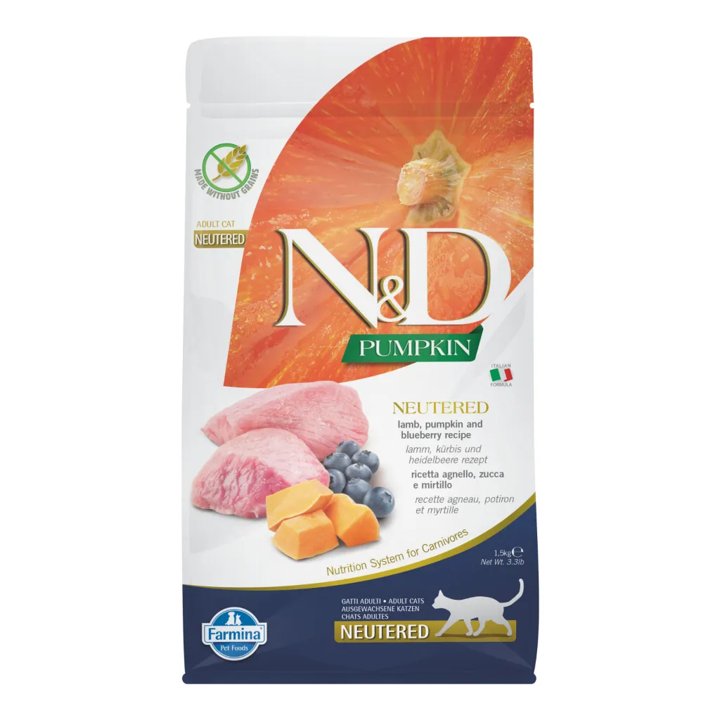 N&D Pumpkin Kuzu Etli Bal Kabaklı ve Yaban Mersinli Tahılsız Kısırlaştırılmış Kedi Maması 1,5kg