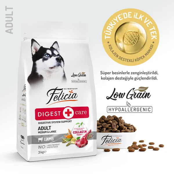 Felicia 3 Kg Kolajenli Kuzulu Az Tahıllı M/Large Yetişkin Köpek Maması Breed HypoAllergenic Köpek Maması
