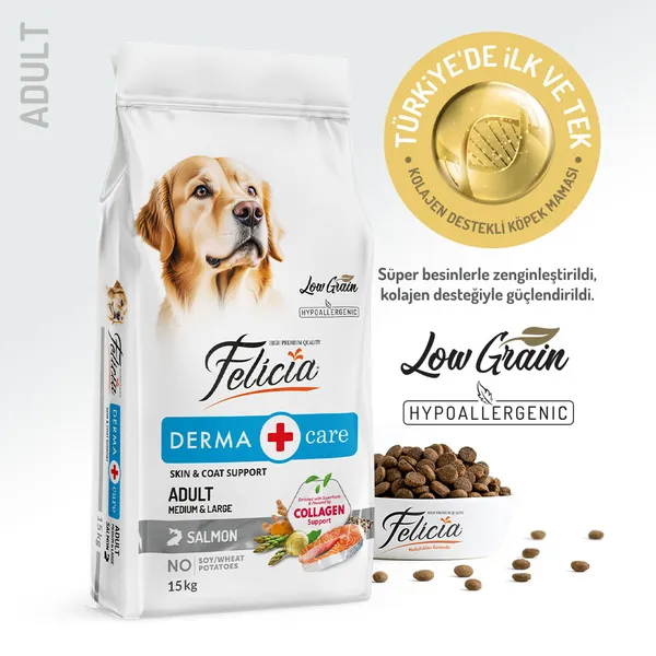 Felicia 15 Kg Kolajenli Somonlu Az Tahıllı M/Large Yetişkin Köpek Maması Breed HypoAllergenic Köpek Maması