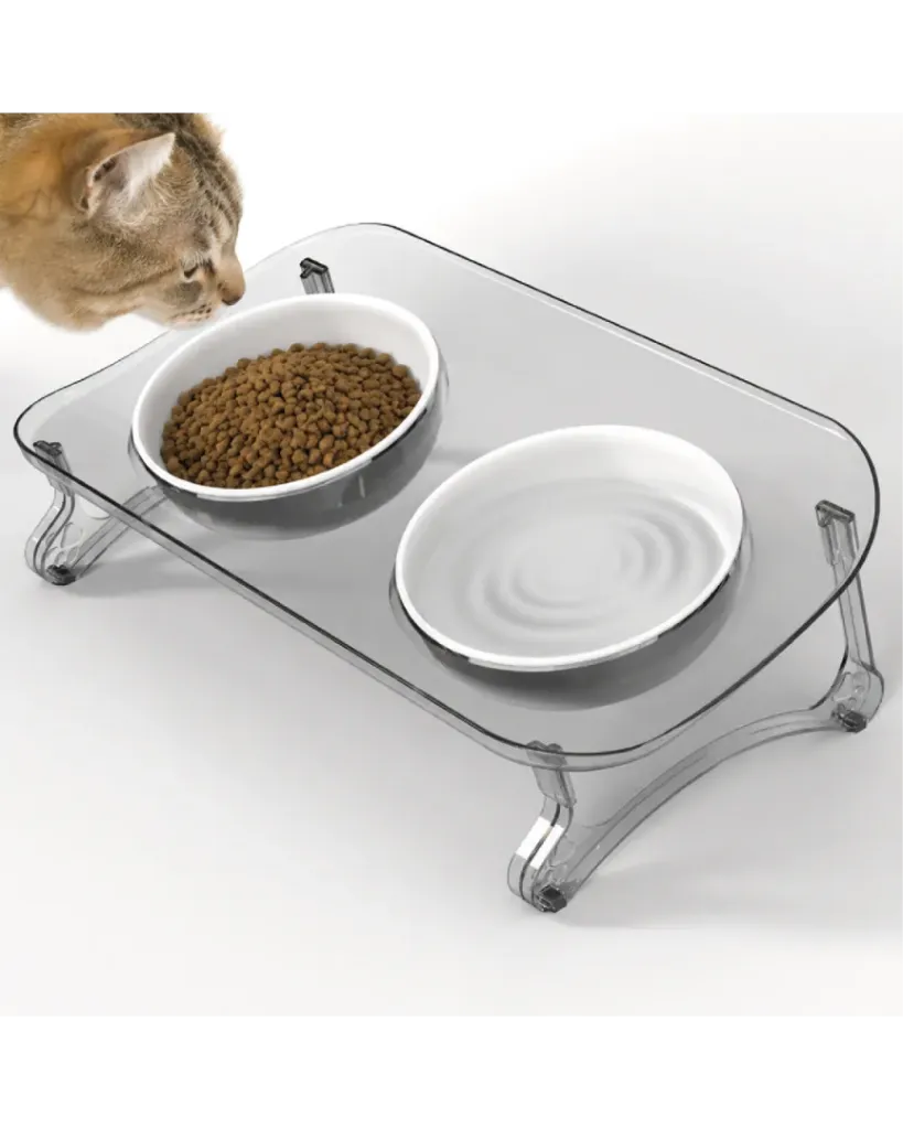 Kedi Mama Kabı, Kedi Köpek Mama ve Su Kabı, Çift Kaseli 15° Eğimli Yükseltilmiş Mama Kabı ( Transparan-Beyaz)